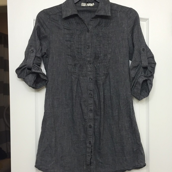 Half & Half Tops - Gray button down blouse. Dark Jean type look.