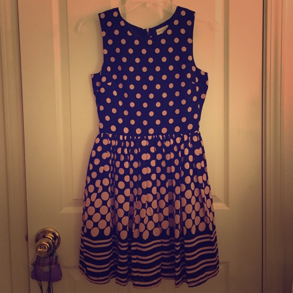 Madison Jules navy dress with pink polka dots
