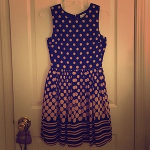 Madison Jules navy dress with pink polka dots