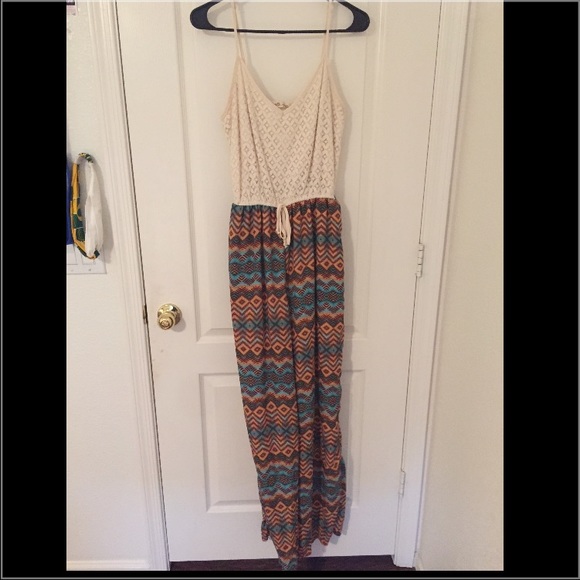 Cream lace & colorful Aztec jumpsuit