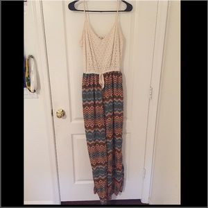 Cream lace & colorful Aztec jumpsuit