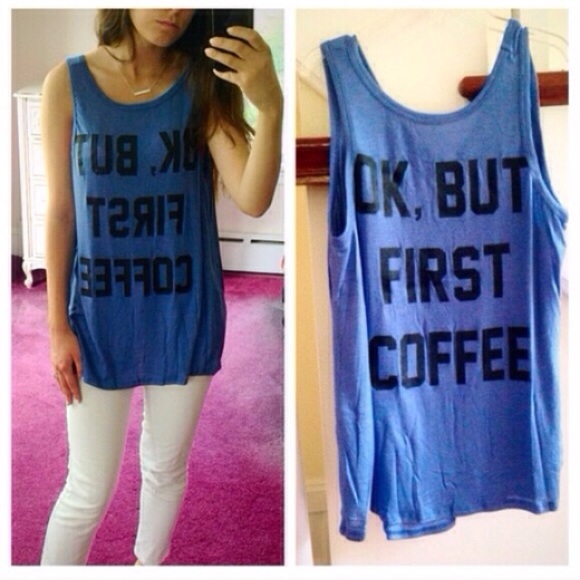 ❗️LAST❗️FIRST COFFEE split back blue casual tank - Picture 2 of 3