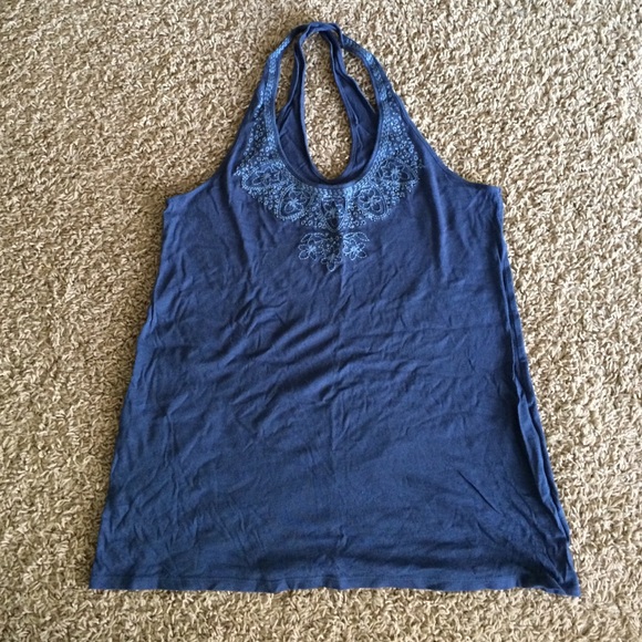 Navy tank top with beading detail at the neck