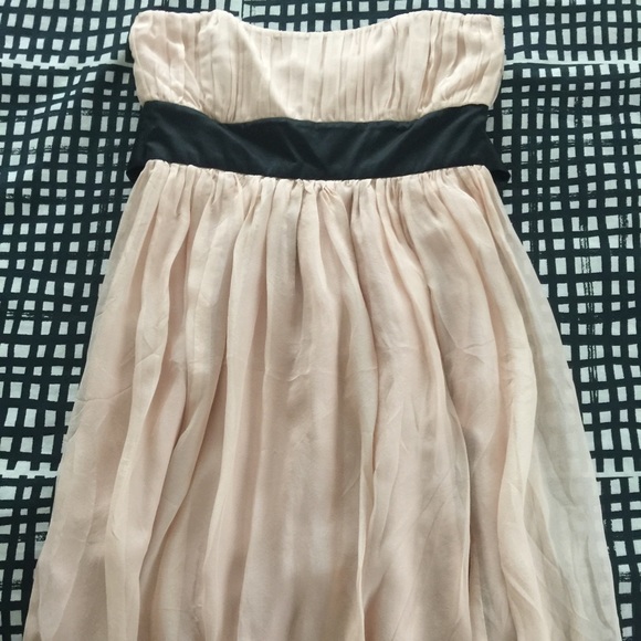 Blush pink chiffon strapless dress w/black ribbon