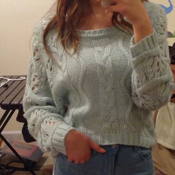 Small light blue pullover chunky knit sweater