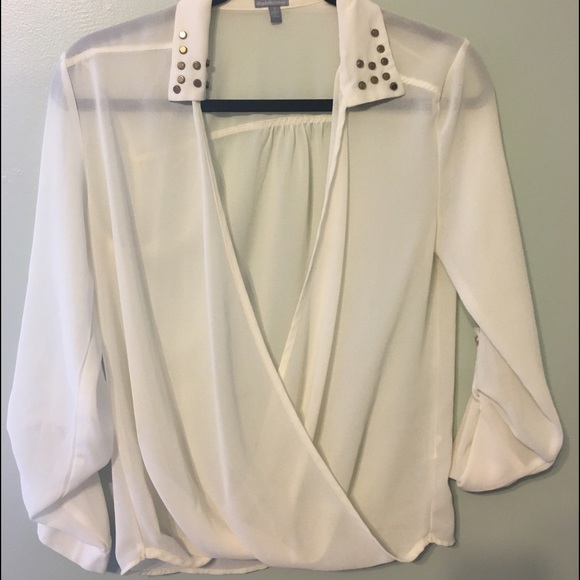 criss cross sheer blouse with collar detail in S