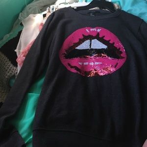 Forever 21 Grey sweater with pink sparkle lips
