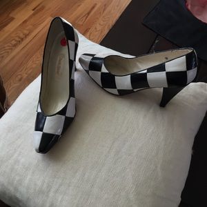 Black and white checkerboard heels