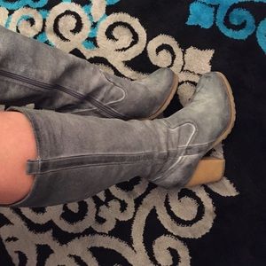 MeToo blue-grey sued knee high boot chunky heel