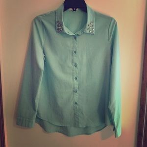 Flowy mint button up with studded detail