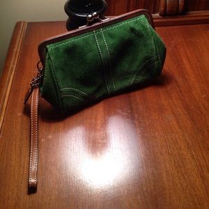 Green suede Coach wristlet