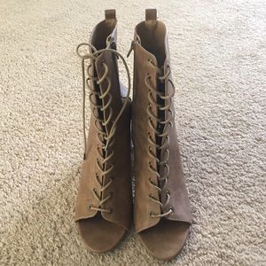 Camel lace up open toe booties