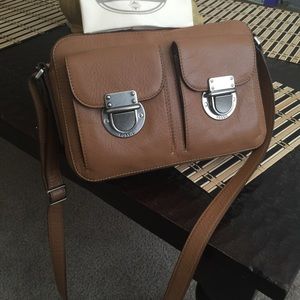 Fossil Riley top zip leather camel brown crossbody