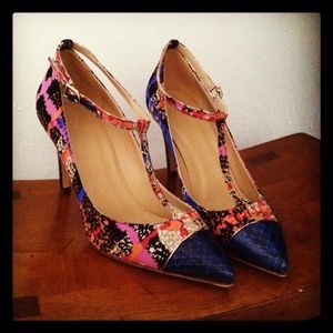 J.Crew Everly Cap Toe Printed T-Strap Heels.
