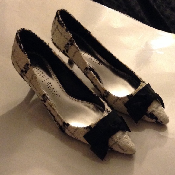 Black and white fabric heels