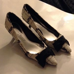 Black and white fabric heels