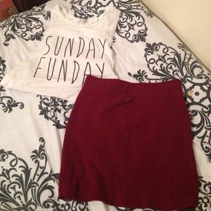 F21 maroon skirt and white tank top