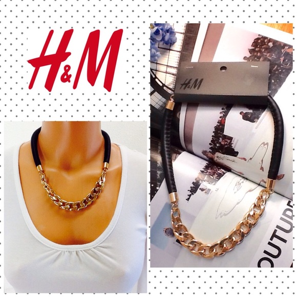 NWT H&M Black Leather Necklace with Gold Chain.