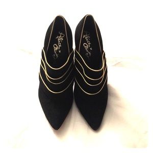 Alice + Olivia black booties with gold detail