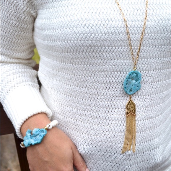 Blue Drusy Designer Inspired Gold Tassel Necklace