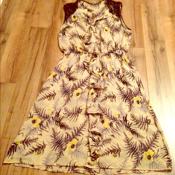 Anthropologie LIL silk yellow leaf midi dress
