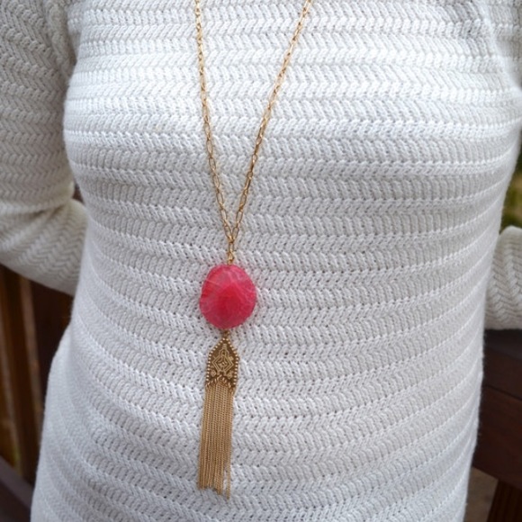 Pink Agate Designer Inspired Gold Tassel Necklace