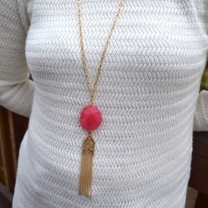 Pink Agate Designer Inspired Gold Tassel Necklace