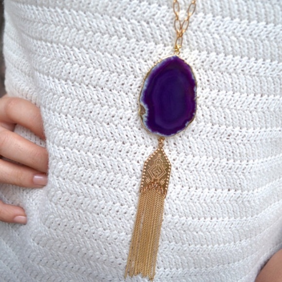 Purple Agate Natural Stone Long Tassel Necklace