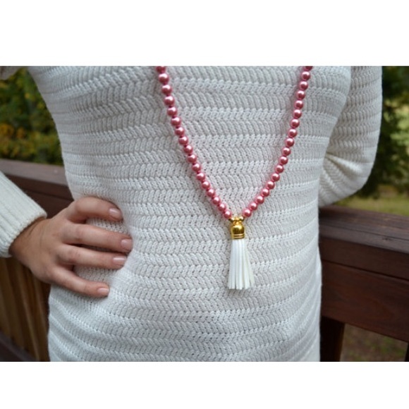 Pink Glass Pearl Beads with White Tassel Necklace