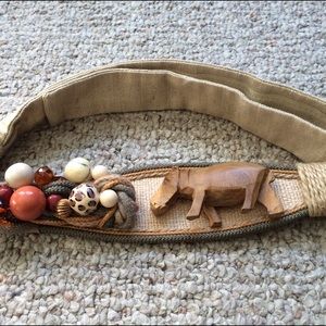 Vintage Carolyn Tanner Hippo Belt Wood Beads Tan