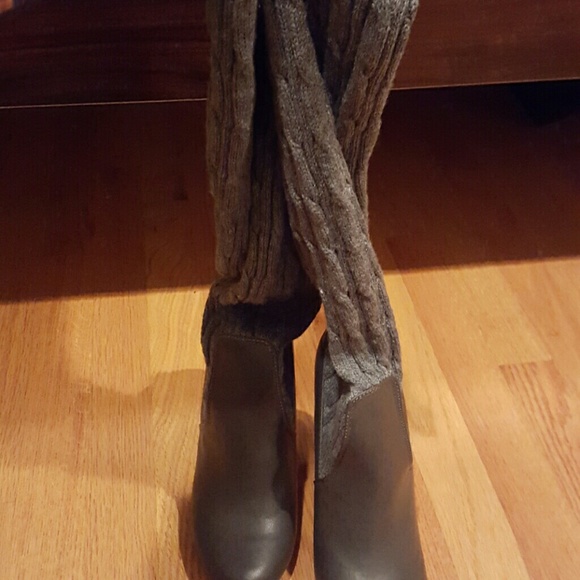 Gray thigh high sweater boots
