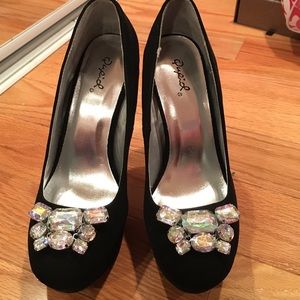 Black suede heels with gems at the toe- Brand New!