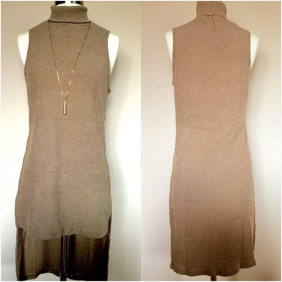 Taupe Sleeveless Turtleneck Tunic Sweater - Picture 2 of 3