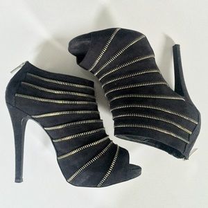 Edgy Black & Silver Zipper Peep Toe Heel Bootie