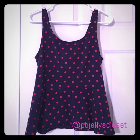 Express Navy Blue/ Red Polka Dot Peplum Tank Top