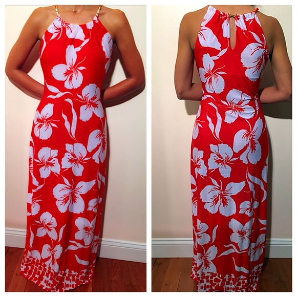 Hibiscus print gold chain maxi dress