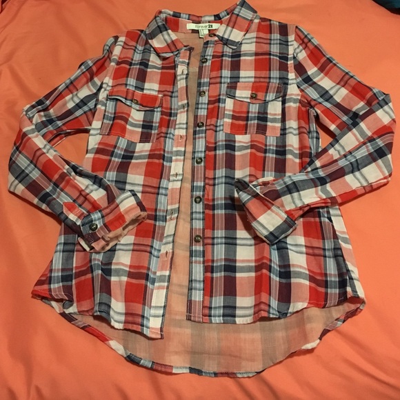 Red white and blue plaid button down