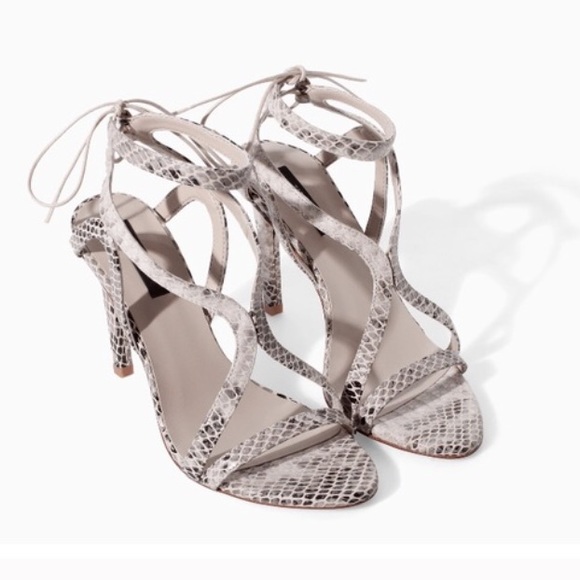 NWT Zara Gray Black Snakeskin Print Leather Lace Up High Heel Sandal Size 38 7.5 - Picture 2 of 3