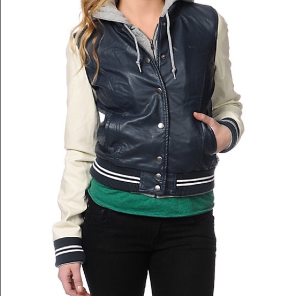 Obey bomber style letterman jacket w/hood