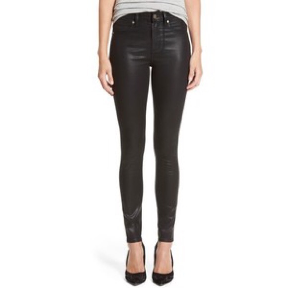 Paige Denim Black Mid-Rise Coated Skinny Jeans.