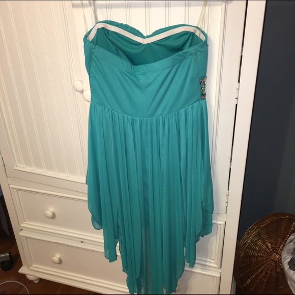 Turquoise Strapless Asymmetrical Party Dress - Picture 2 of 4