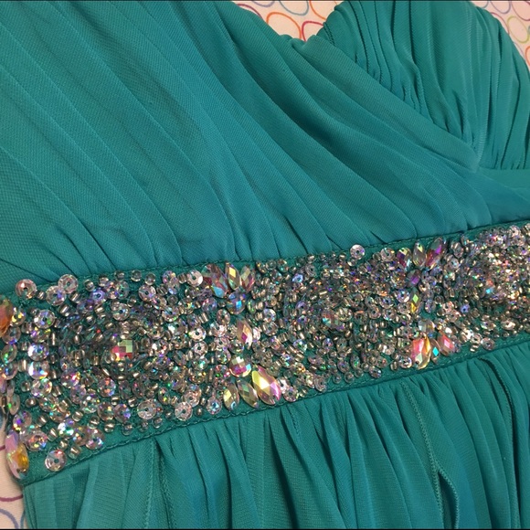 Turquoise Strapless Asymmetrical Party Dress - Picture 3 of 4