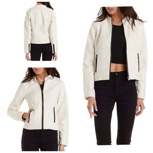 QUILTED FAUX LEATHER MOTO JACKET WITH POCKETS