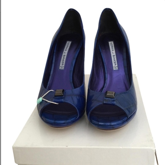 Norma Baker Blue leather croco peep toe pump 40 - Picture 1 of 4