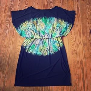 Black dress with yellow, green, blue, grey accents