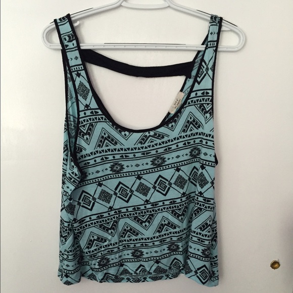 Aztec Tribal Print Crop Top Blue Black
