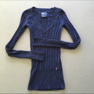 American Eagle Navy V-Neck CableKnit Sweater, sz S