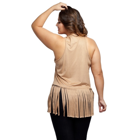 Plus size stretch faux suede top with fringe - Picture 2 of 2