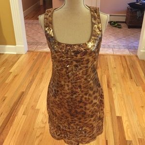 CACHE SLEEVELESS GOLD LEOPARD SEQUIN DRESS