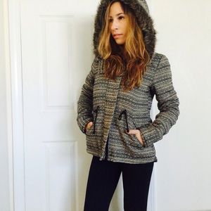 Black and white quilted coat with fur hood